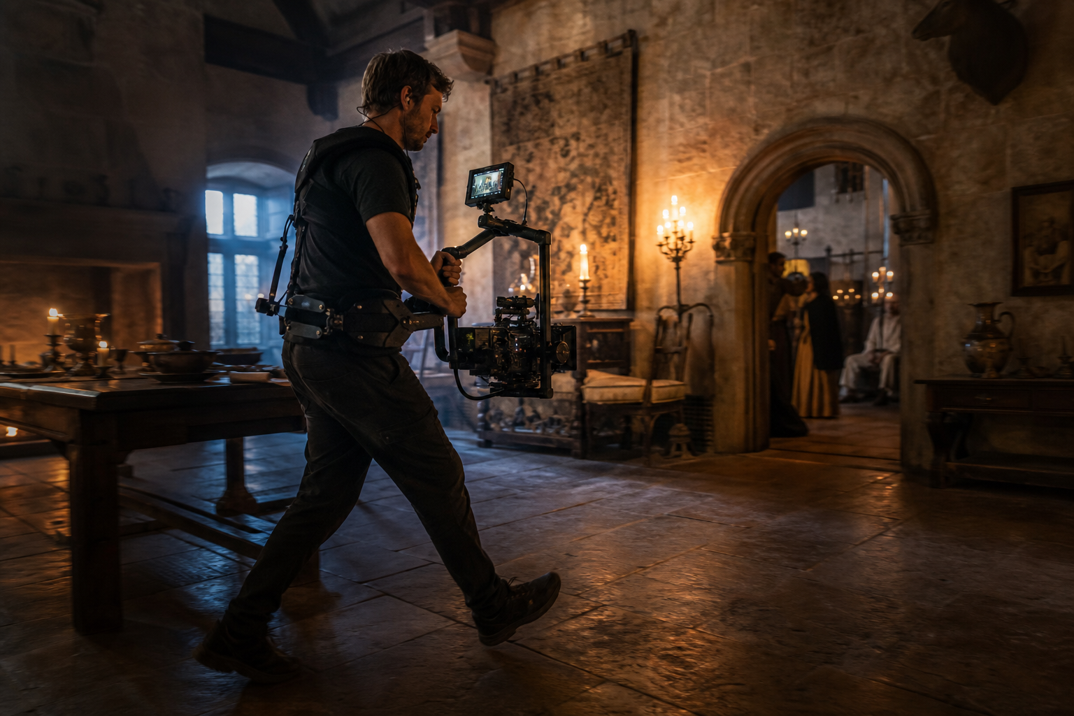 Opérateur Steadicam en plein mouvement continu sur un plateau de tournage à Troyes