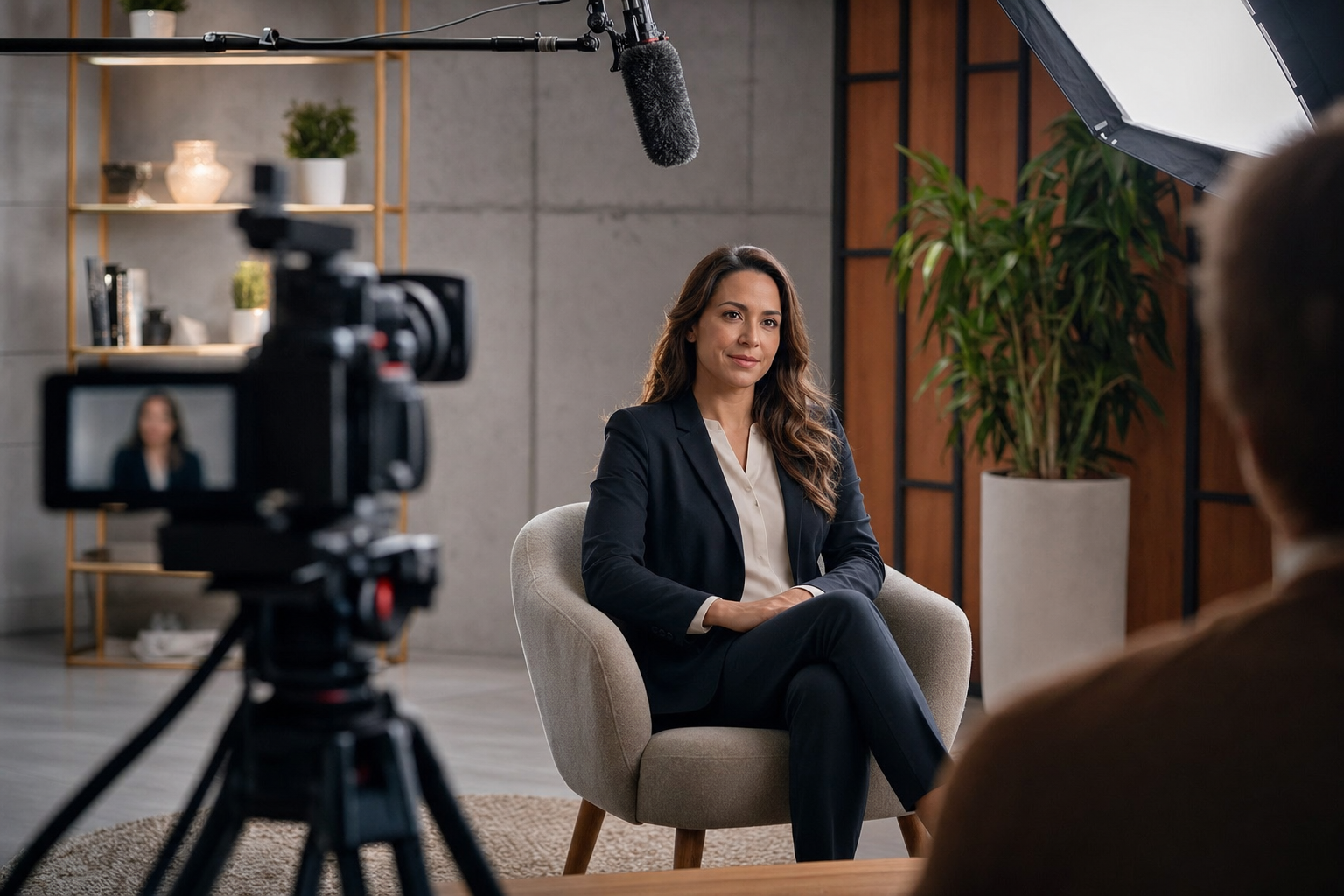 Tournage d'une interview institutionnelle en studio avec éclairage professionnel et perche micro