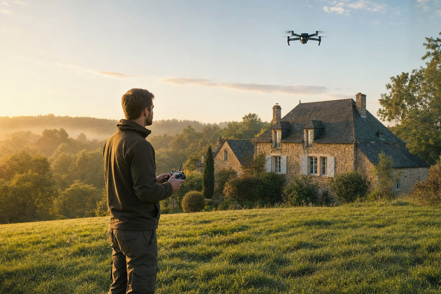 Pilote de drone filmant une propriété depuis les hauteurs près de Troyes au lever du jour