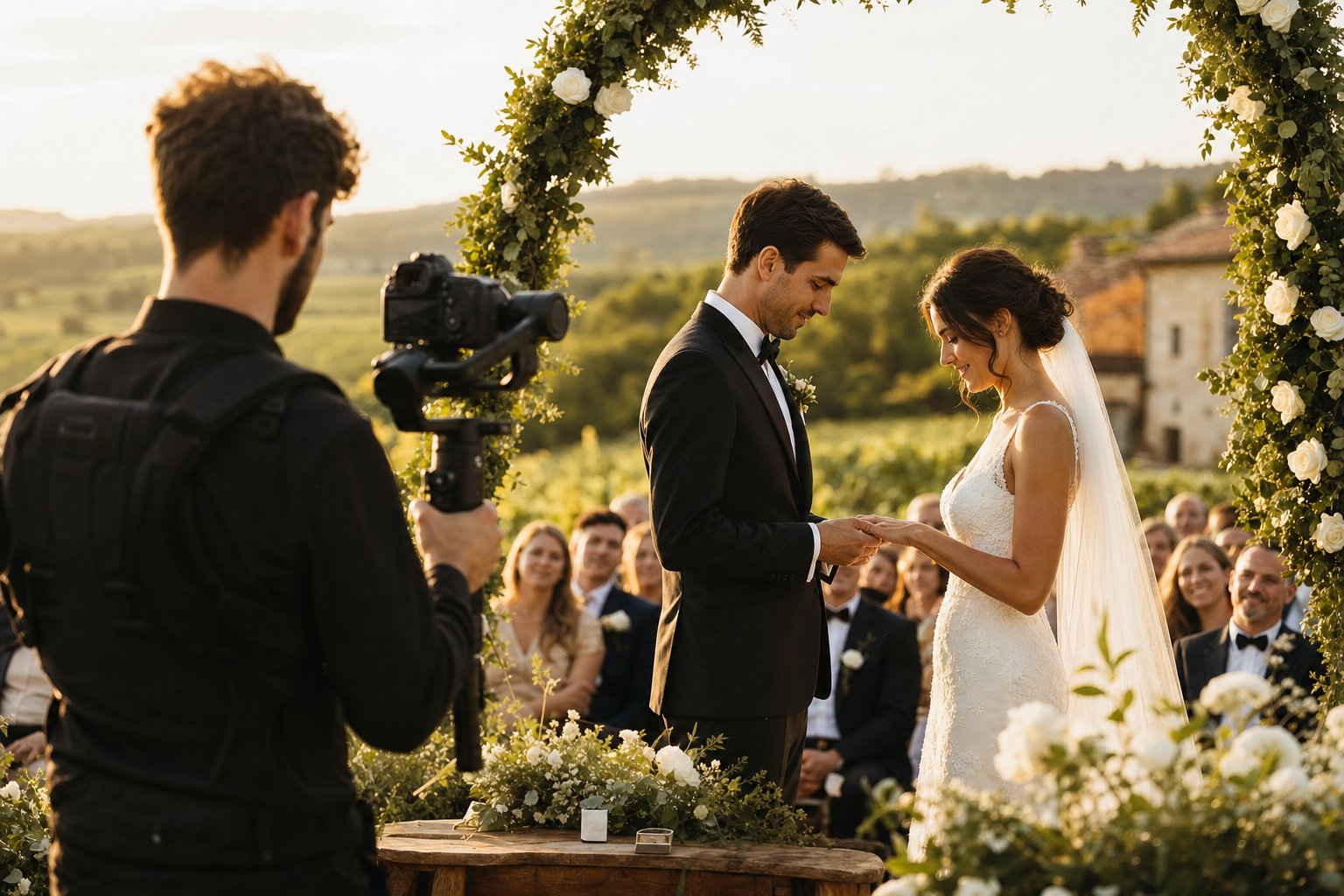 Caméraman filmant en plan-séquence l'échange des alliances lors d'un mariage en extérieur à la lumière dorée